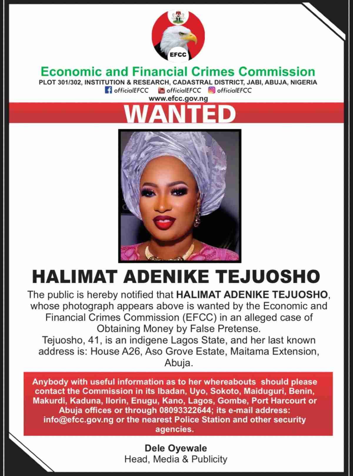 EFCC Declares City Boys Movement Women’s Leader Halimat Adenike Tejuosho Wanted